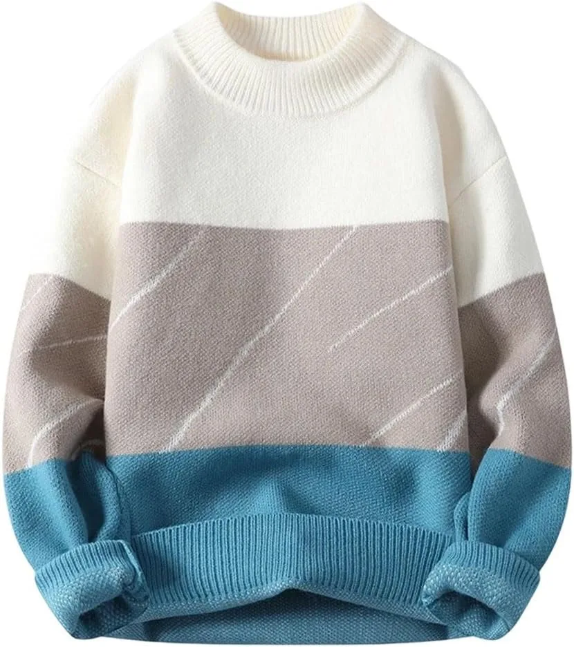 

Мужской теплый полосатый свитер с круглым вырезом