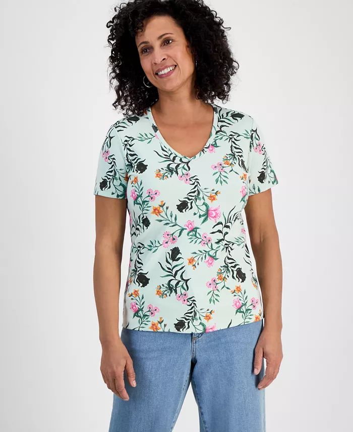 

Женский топ с V-образным вырезом и коротким рукавом, с принтом Style & Co, зеленый