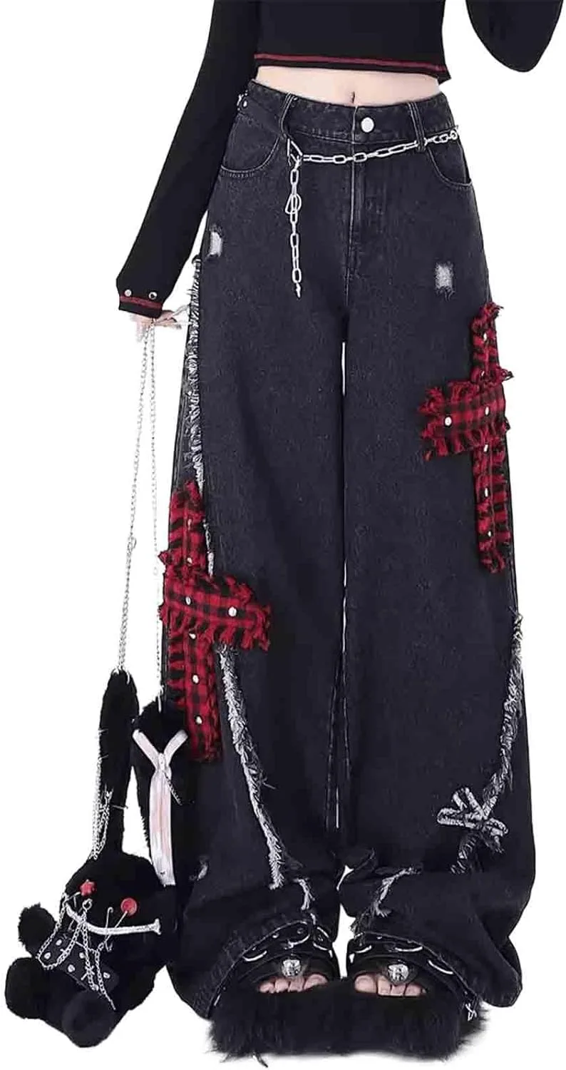 

Женские джинсы Y2k в стиле рок-панк, рваные, прямые, широкие, с высокой посадкой, свободные, с вышивкой SANLEG