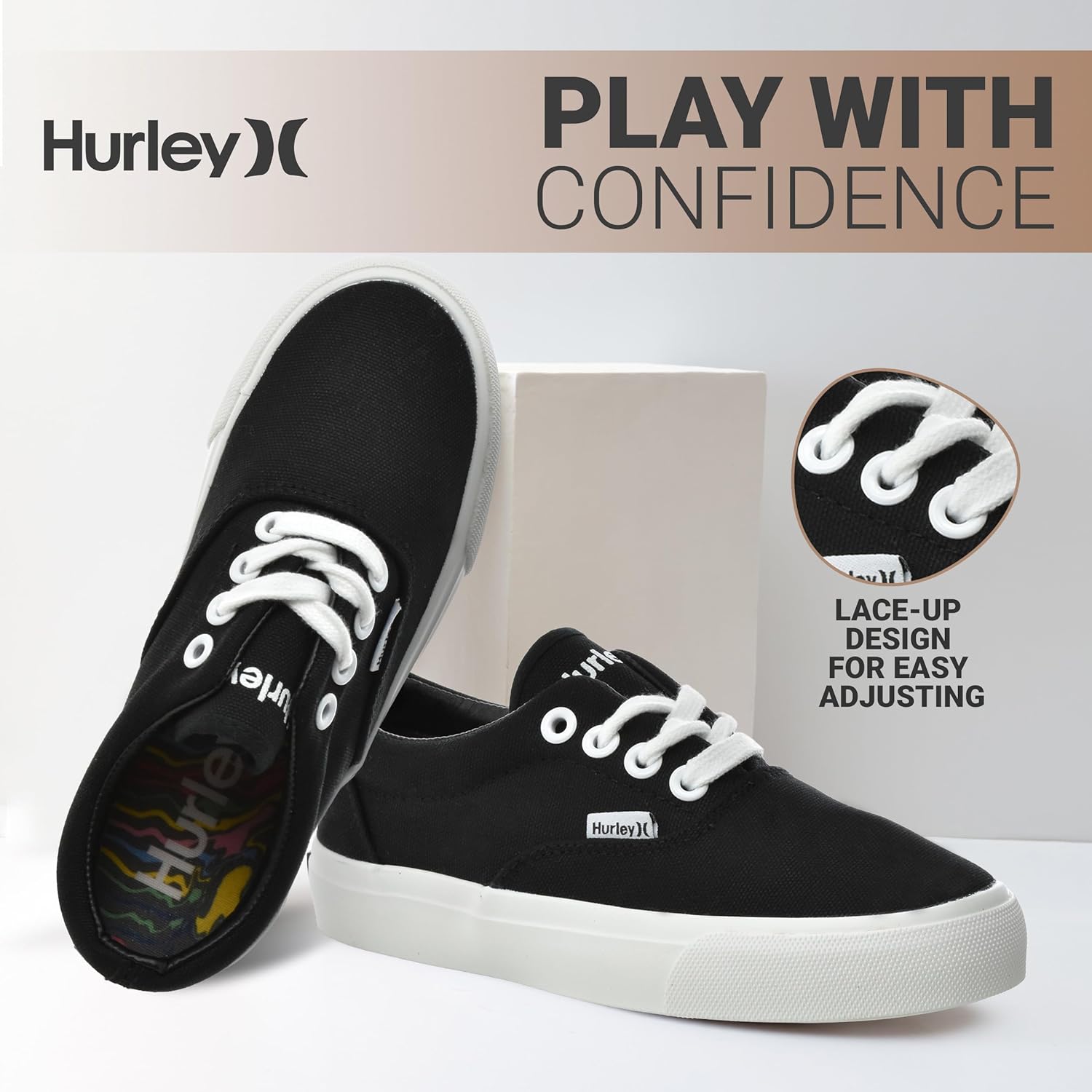 Детские кеды Hurley Marley на шнуровке - низкие кроссовки для скейтбординга для детей, спортивная обувь для мальчиков и девочек, белый/черный — фото 2