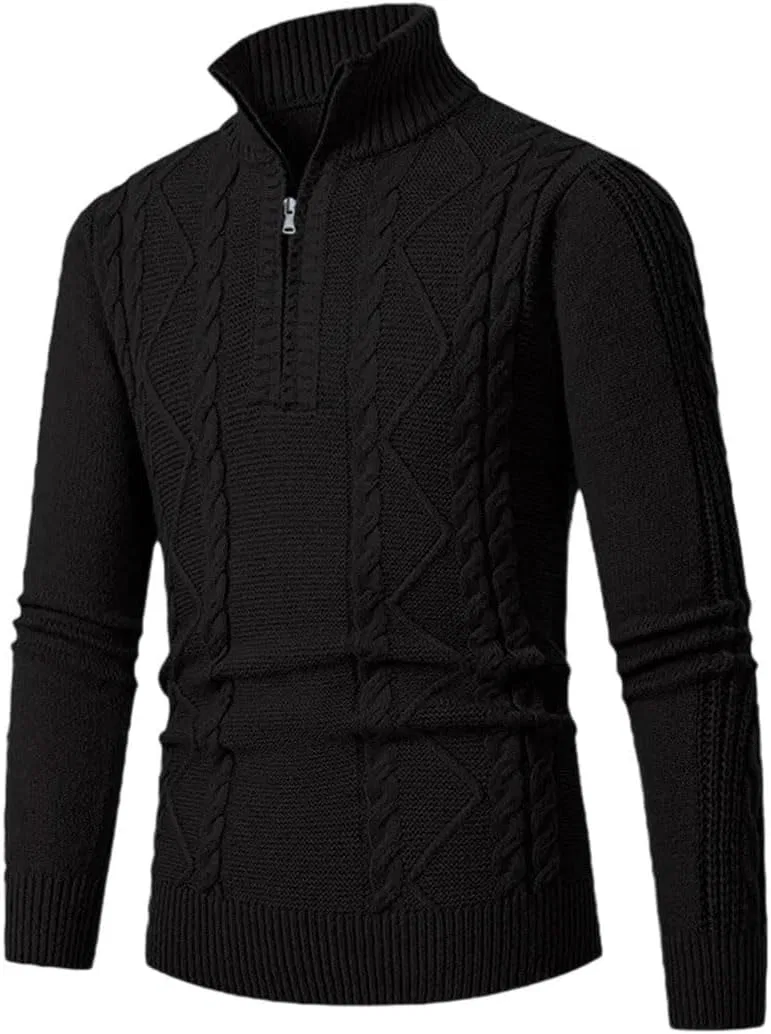 Мужской зимний молодежный вязаный пуловер с полузастежкой-молнией Slim Fit Generic, черный