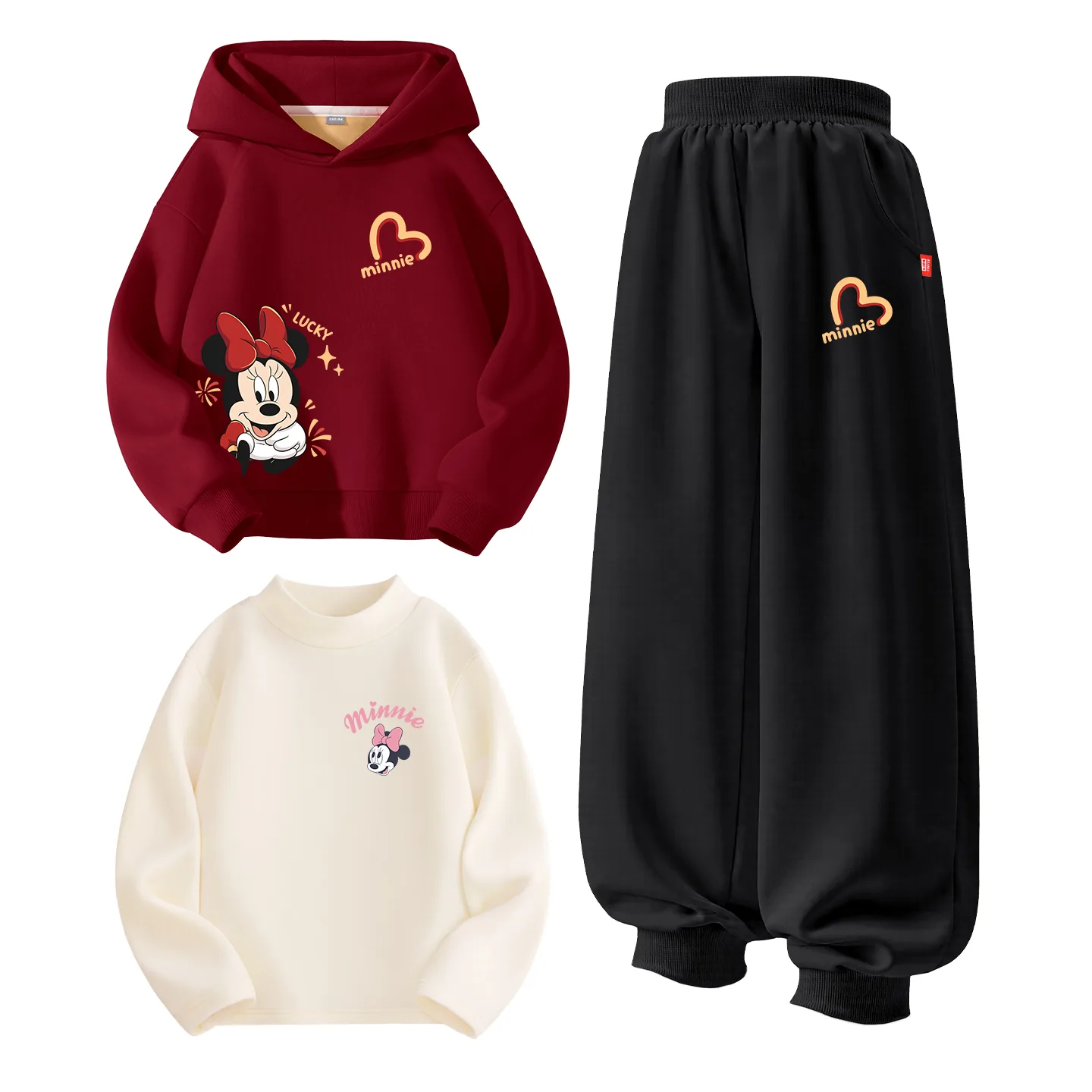 Детский спортивный комплект из 3 предметов Disney, [Thickened and Fleece-Lined Three-Piece Set]Dubai Hearty K Burgundy+Dear Heart K Black+Gt Dear Eyebrow K Milk White