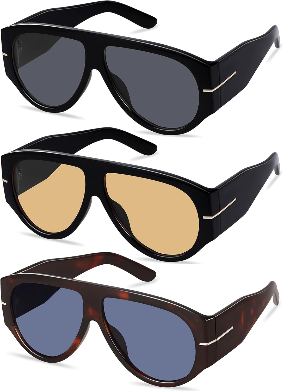 

Большие ретро-солнцезащитные очки-авиаторы для женщин и мужчин, тренд 70-х, толстые, классический винтажный стиль YMRFW, 3pack（black/Grey+black/Champagne+havana/Dark Blue)