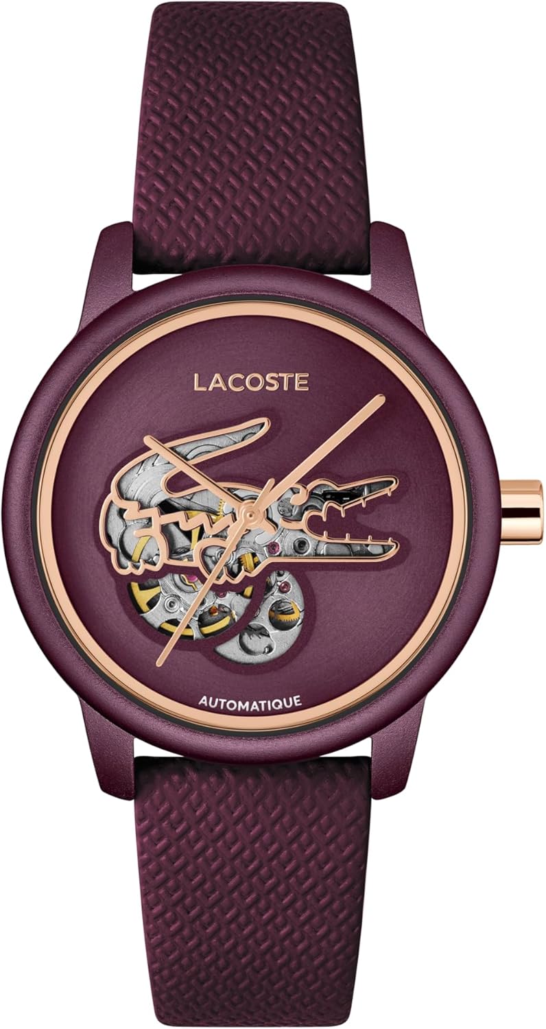 

Lacoste 12.12 Automatique женские автоматические часы - цветной 38-миллиметровый алюминиевый корпус, циферблат с прорезью в виде крокодила, прозрачная задняя крышка, премиальный модный аксессуар - подарок для нее, Burgundy, Прозрачный, Lacoste 12.12 Autom