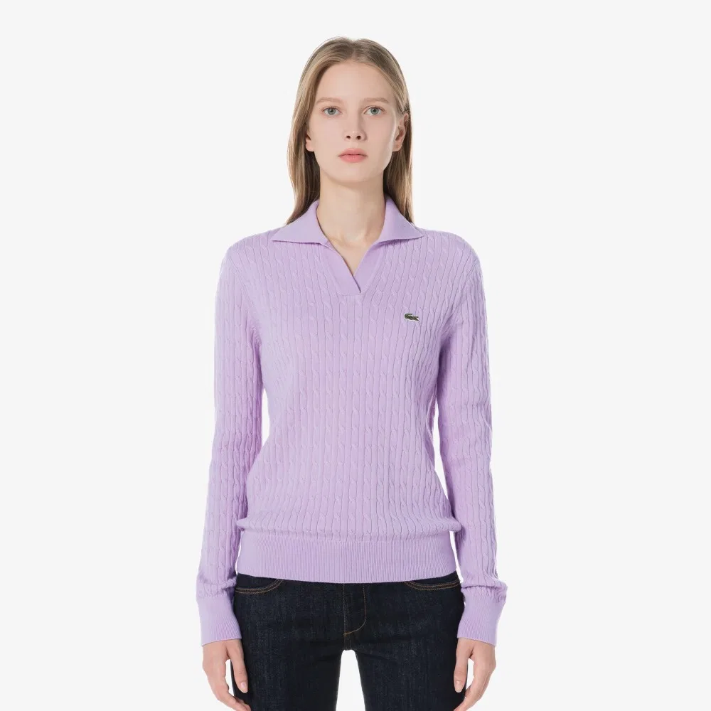 Свитер женский Lacoste с косами, открытый воротник, лавандовый