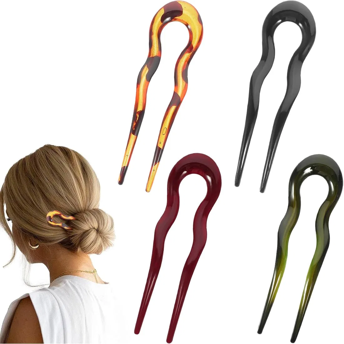 Набор из 4 французских U-образных заколок для волос Afcjlto, Yellow, Black, Red, Green