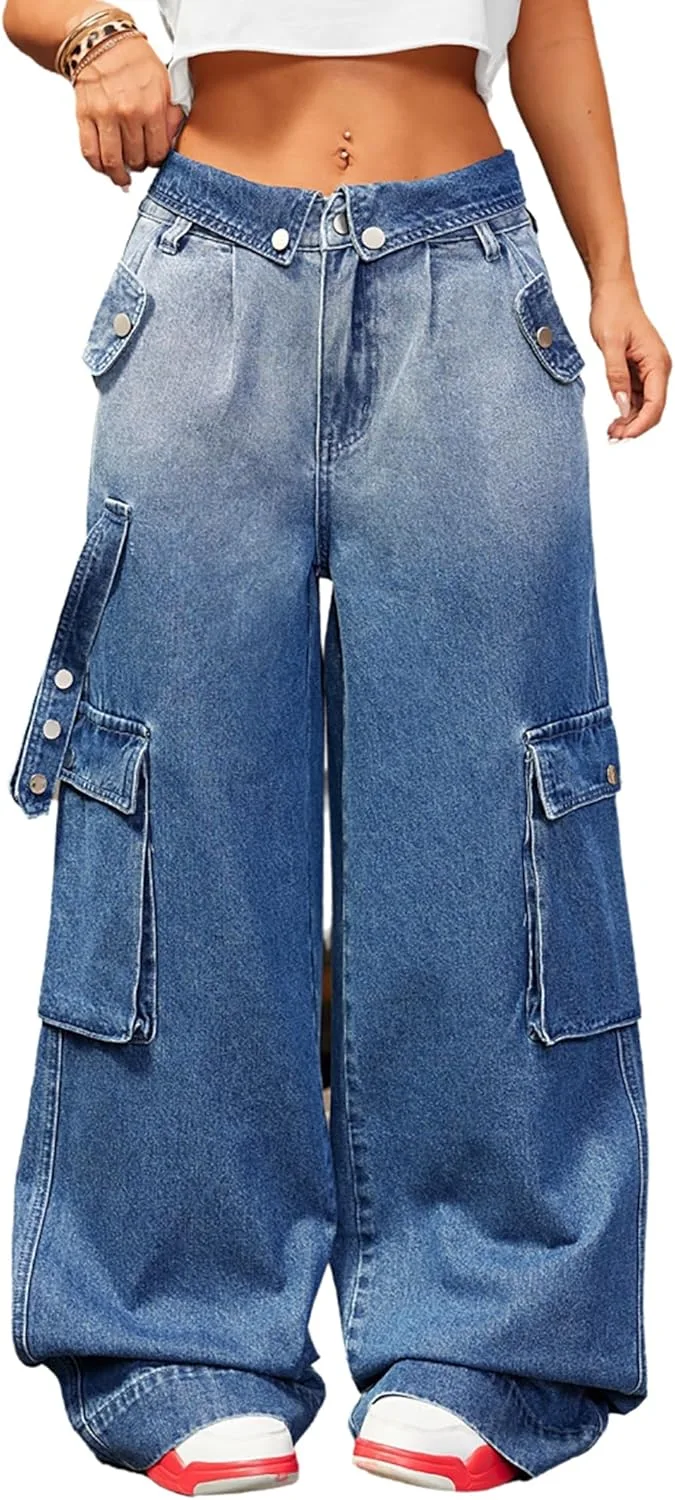 

Женские джинсы Wide Leg Casual Fold Mid Rise Distressed Straight Leg Cargo с карманами QLAUYIOE