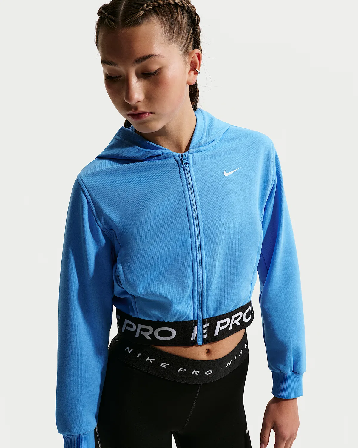 Детская (девичья) флисовая кофта Nike Pro Fleece Dri-FIT на молнии, University Blue/University Blue/Black/White