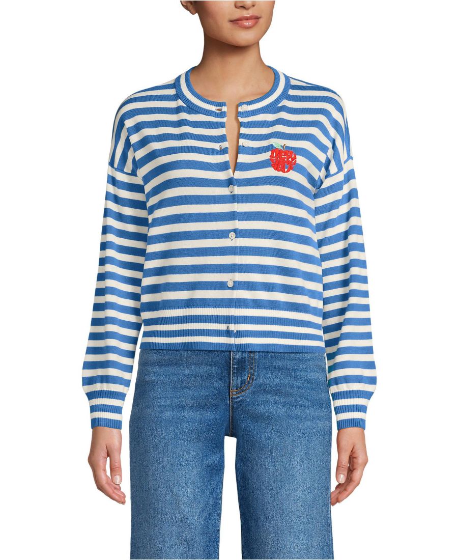 

Женский укороченный кардиган из тонкой ткани с круглым вырезом Lands' End, Muted cobalt blue/ivory breton