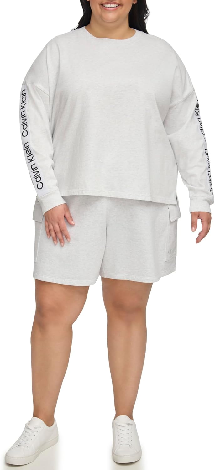 

Женская футболка Calvin Klein с длинным рукавом и приспущенным плечом, винтажным логотипом и лентой, Optic Heather