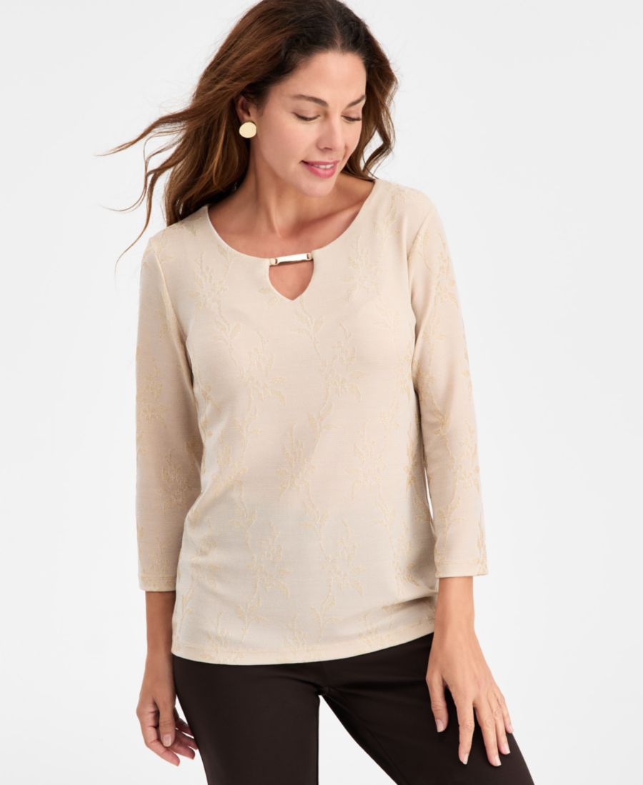 

Женская жаккардовая блузка с цветочным принтом и вырезом-капелькой JM Collection, Neo Natural