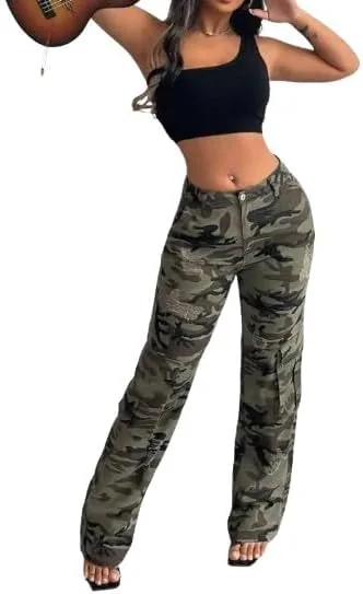 Женские джинсы-карго с камуфляжным принтом, прямые, с потертостями, Curvy Fit