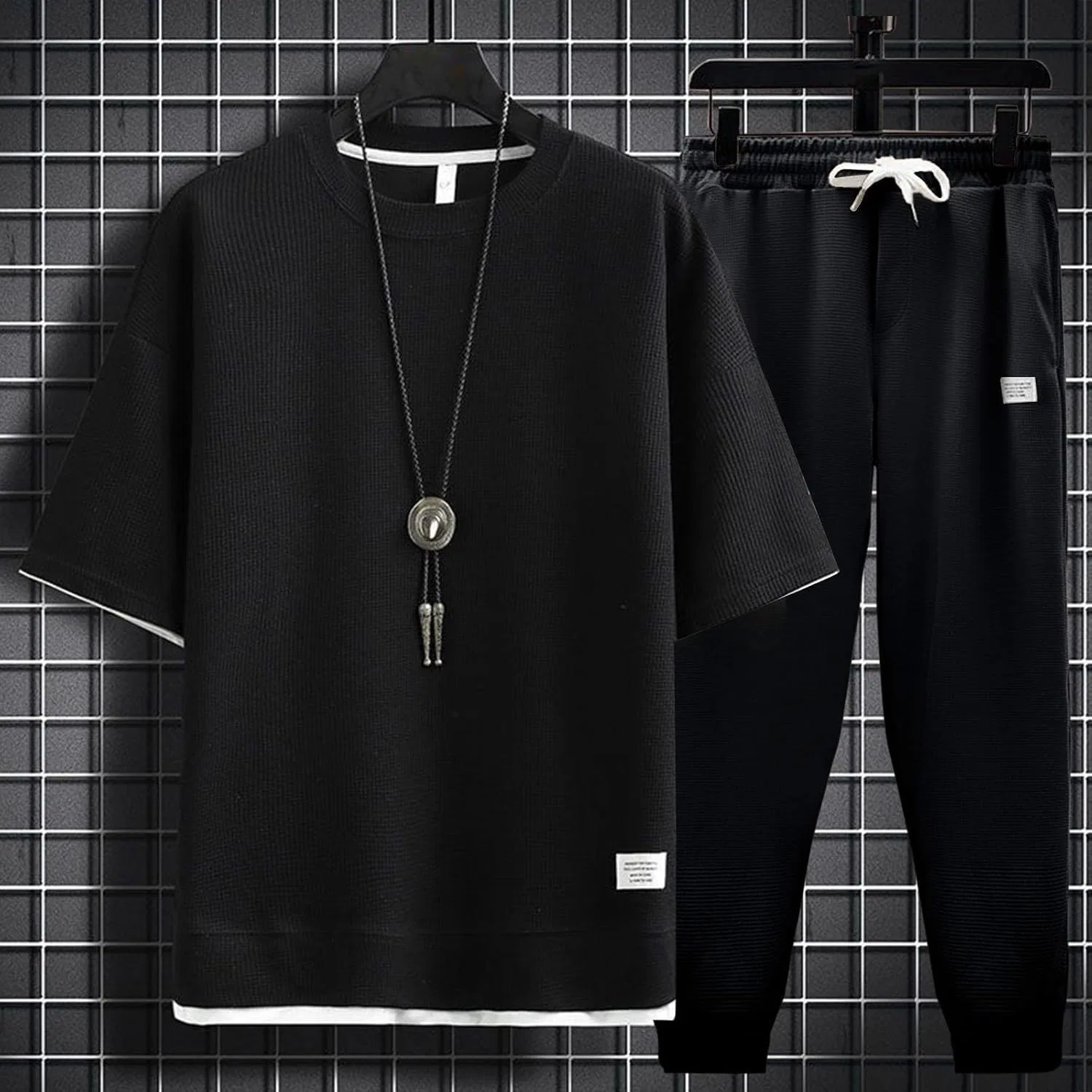 Мужской спортивный костюм из вафельной ткани, 2 предмета, Black — фото 2