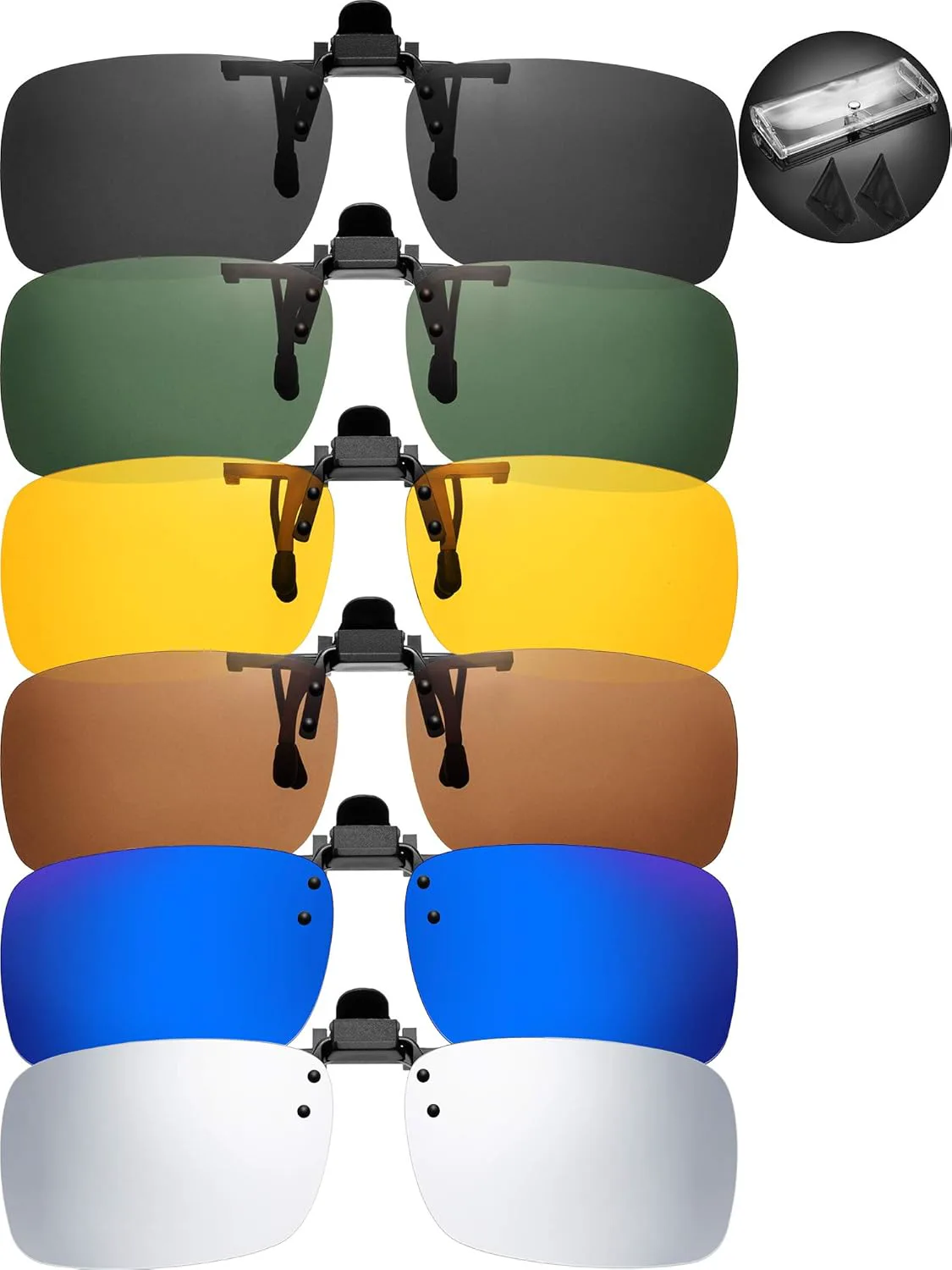 

Frienda 6 штук пластиковых накладных солнцезащитных линз с откидными линзами, прямоугольные линзы для солнцезащитных очков, в прозрачной коробке, Basic Colors