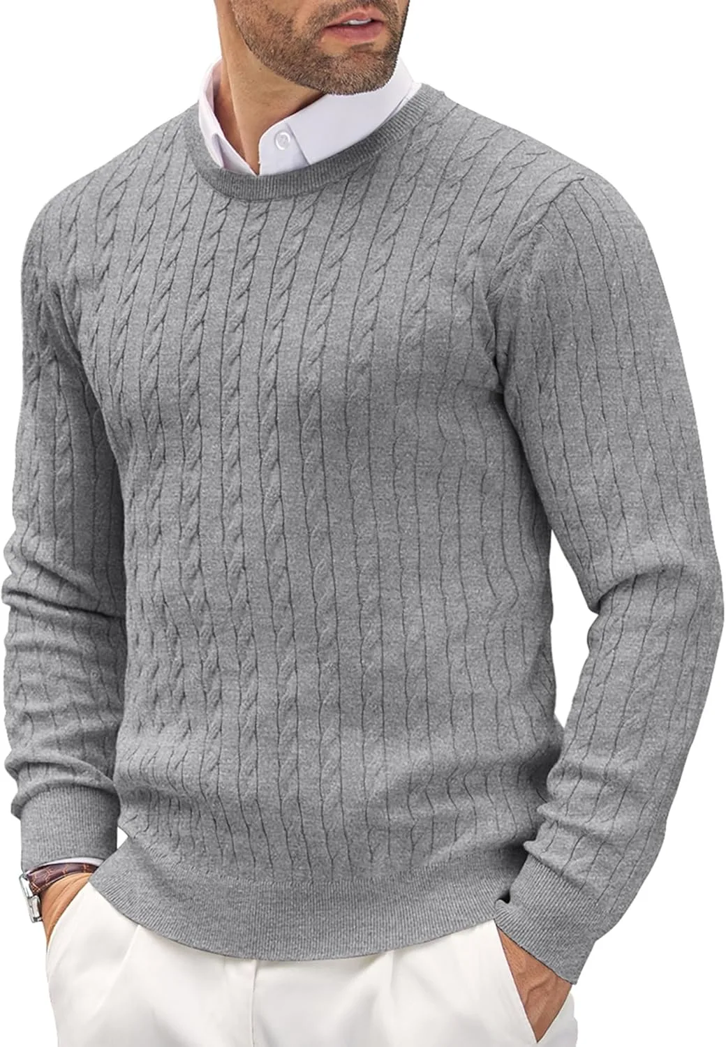 

COOFANDY мужской свитер с круглым вырезом Slim Fit легкий с узором кос