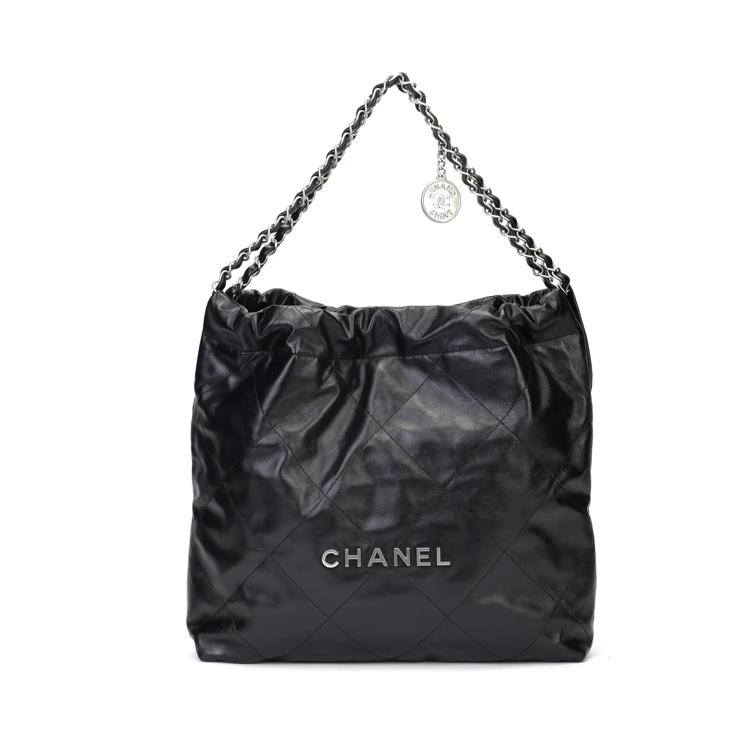 

CHANEL Блестящая телячья кожа женская сумка хобо через плечо на плечо черная
