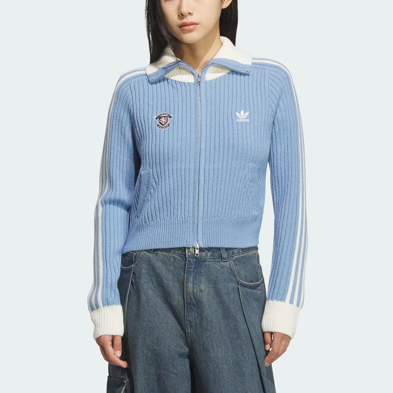 Топ FW25 TEAM FULLZIP Knitwear Women's Adidas Originals, синий/слоновая кость — фото 2
