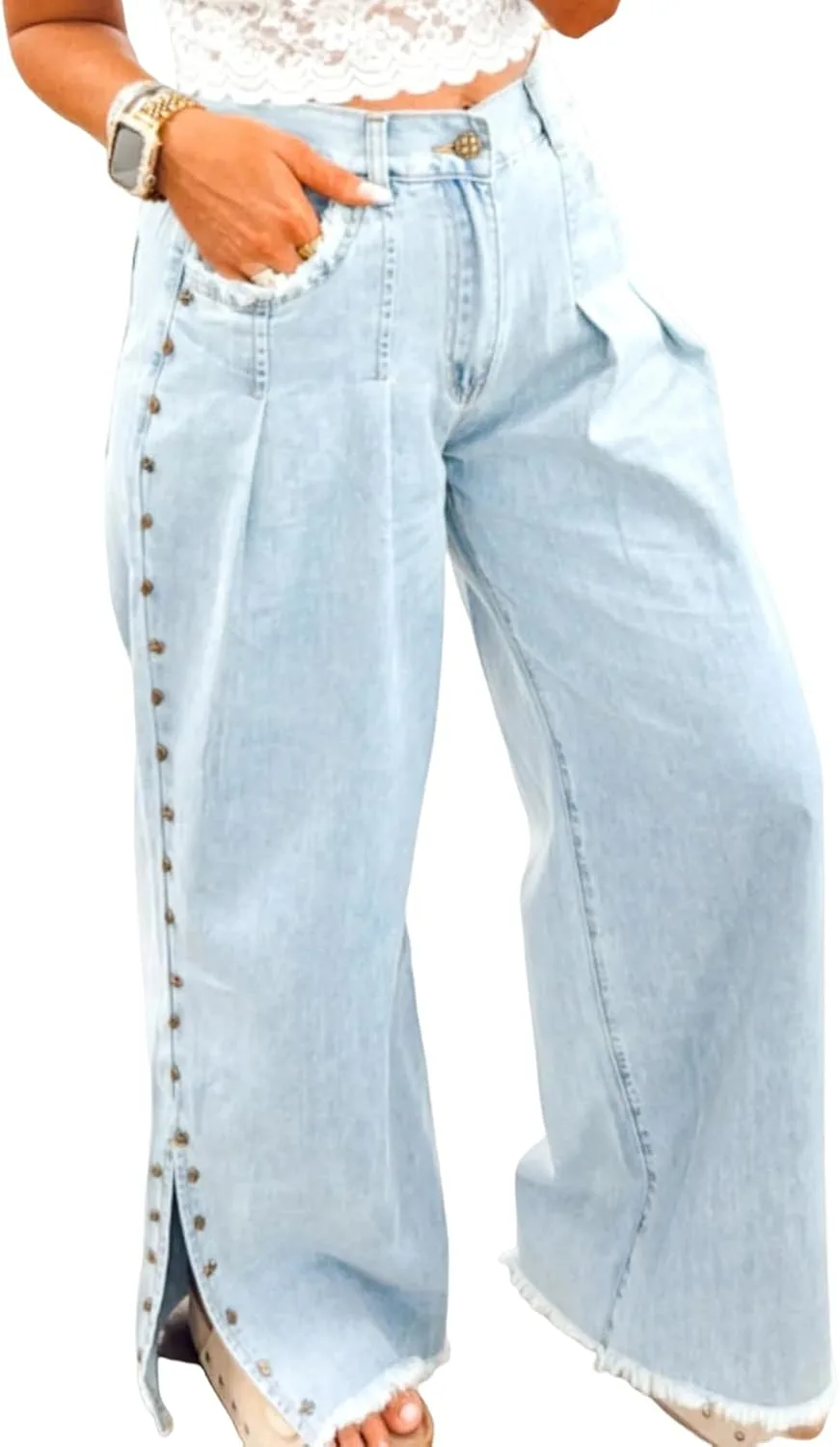 

Джинсы женские Studded Embellished с разрезом и потертостями Xadsfeel