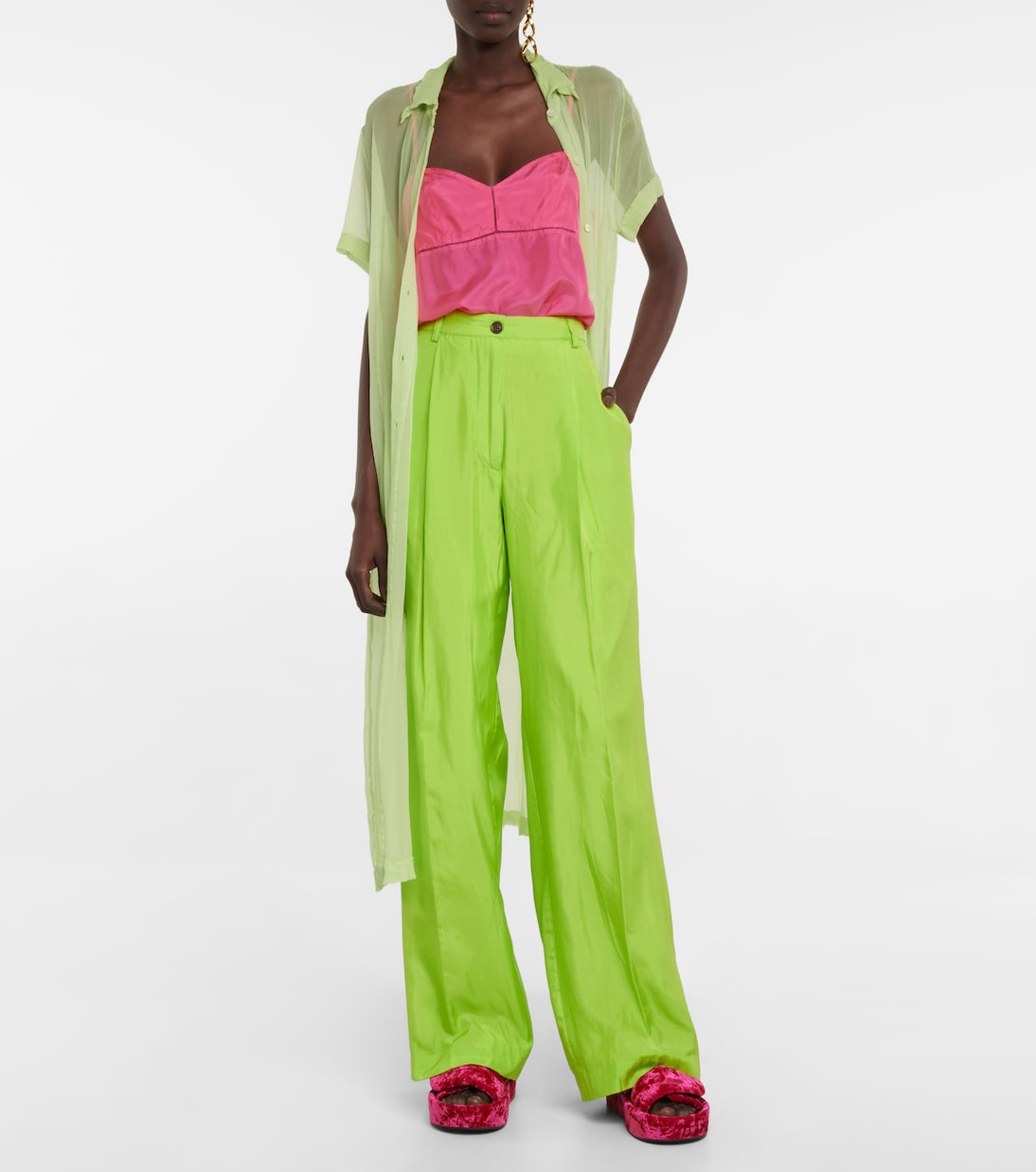 Широкие брюки из смесового шелка с высокой талией Dries Van Noten, Neon Green — фото 2