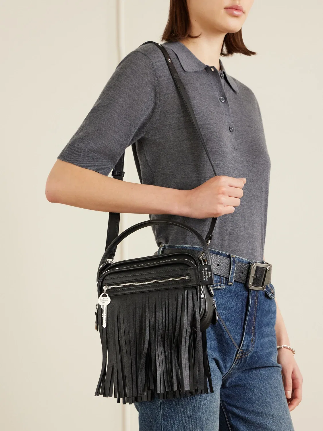 Кожаная сумка через плечо Camero Fringe Acne Studios, черный — фото 2