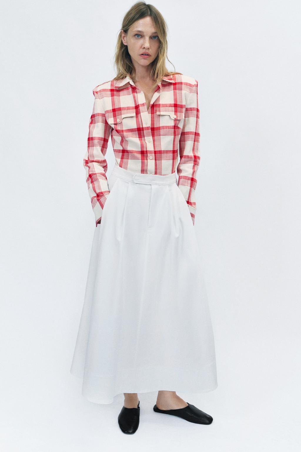 

Клетчатая рубашка с подплечниками ZARA, цвет Ecru/Red