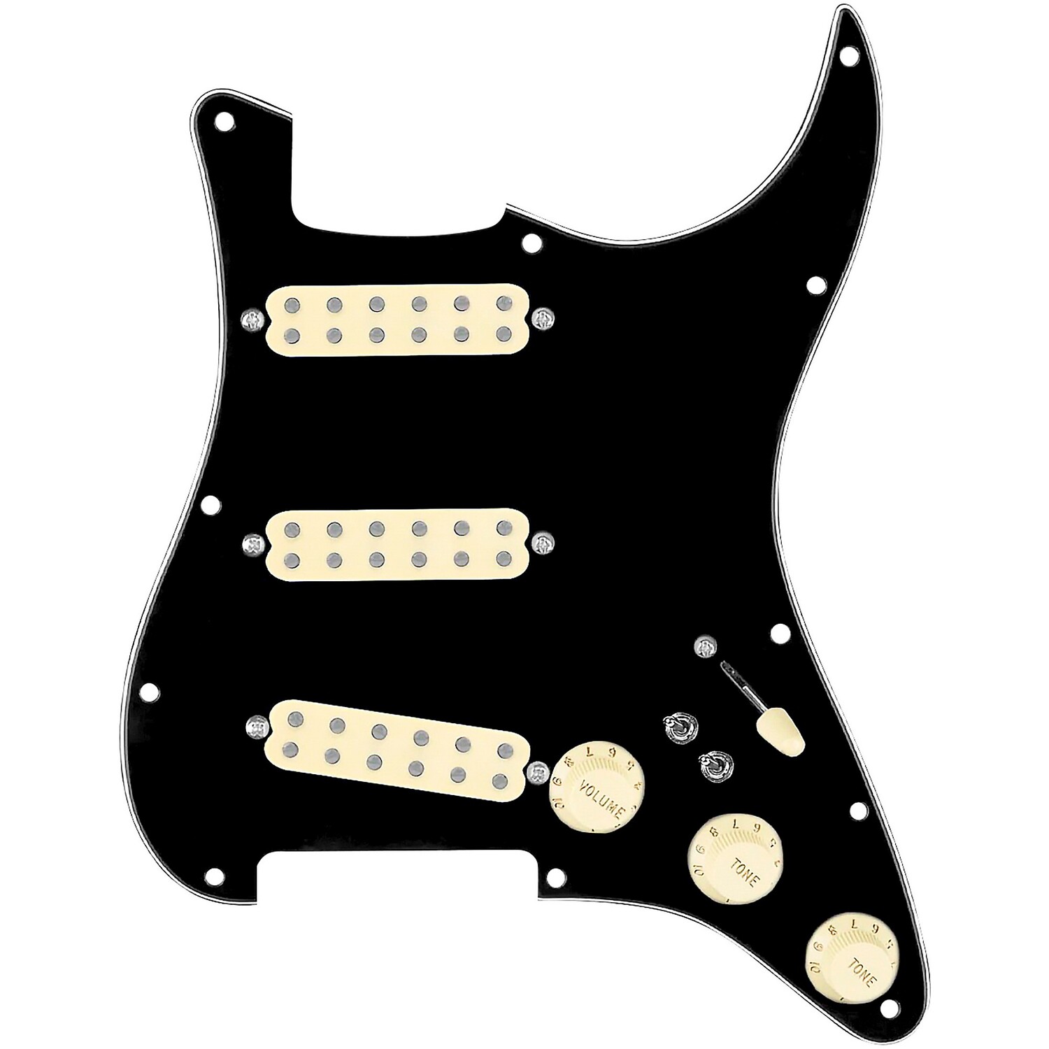 

920d Custom Polyphonic Loaded Pickguard для Strat с состаренными белыми звукоснимателями и ручками и жгутом проводов S7W-2T черного цвета