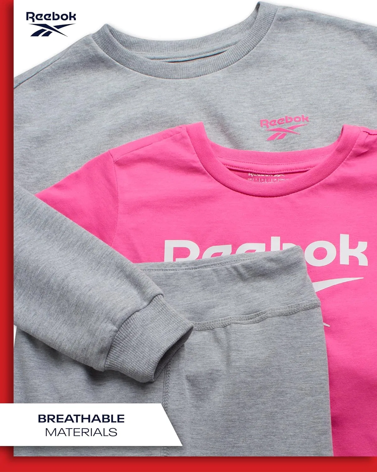 Комплект леггинсов Reebok Active для девочек - 3 предмета: спортивная футболка с круглым вырезом и коротким рукавом, толстовка и леггинсы для девочек, Light Grey Heather — фото 3