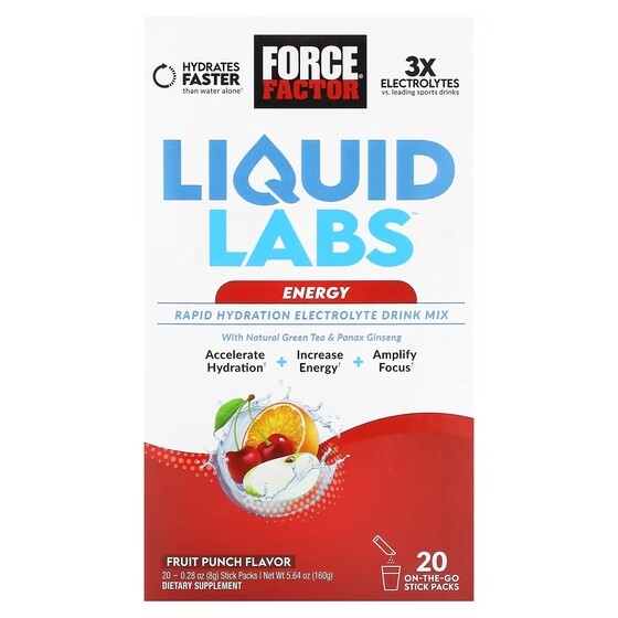 

Смесь электролитов Force Factor Liquid Labs Energy для быстрого увлажнения, фруктовый пунш, 20 пакетиков-стиков по 8 г