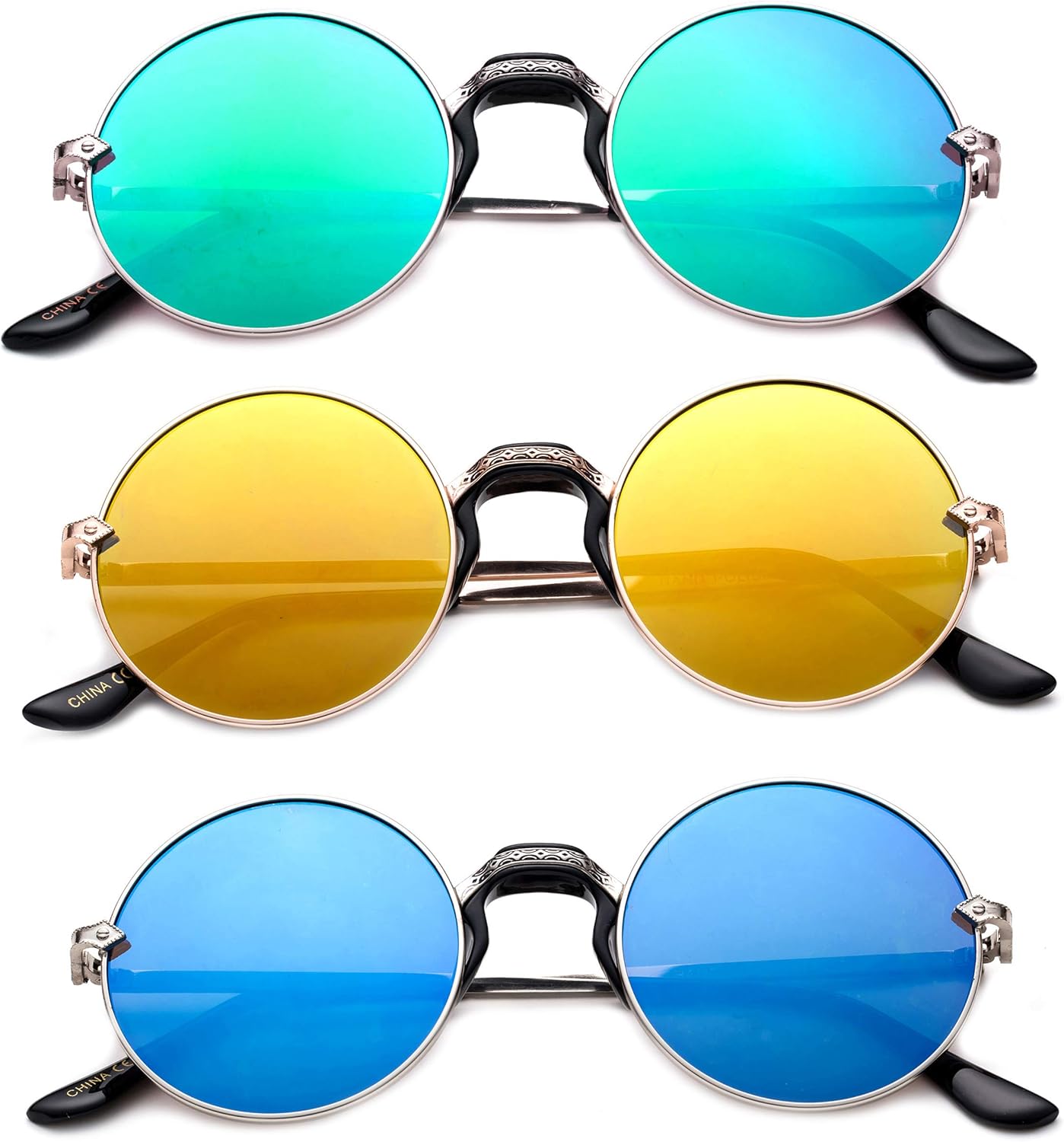 

Комплект из 3 солнцезащитных очков с круглой металлической оправой, удобной пластиковой переносицей, модные очки для женщин и мужчин Newbee Fashion, 3 Pack Green, Blue & Yellow