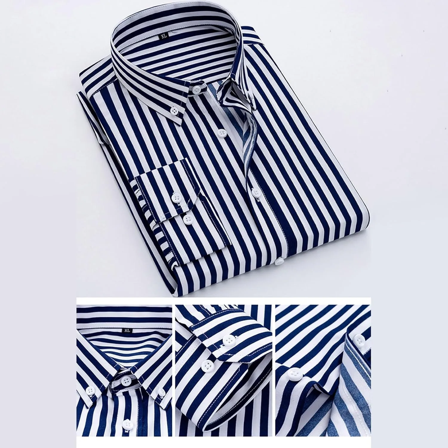 Мужская полосатая рубашка на пуговицах Casual Regular Fit, не мнется, с длинным рукавом, для делового формального стиля Generic, серебряный — фото 3