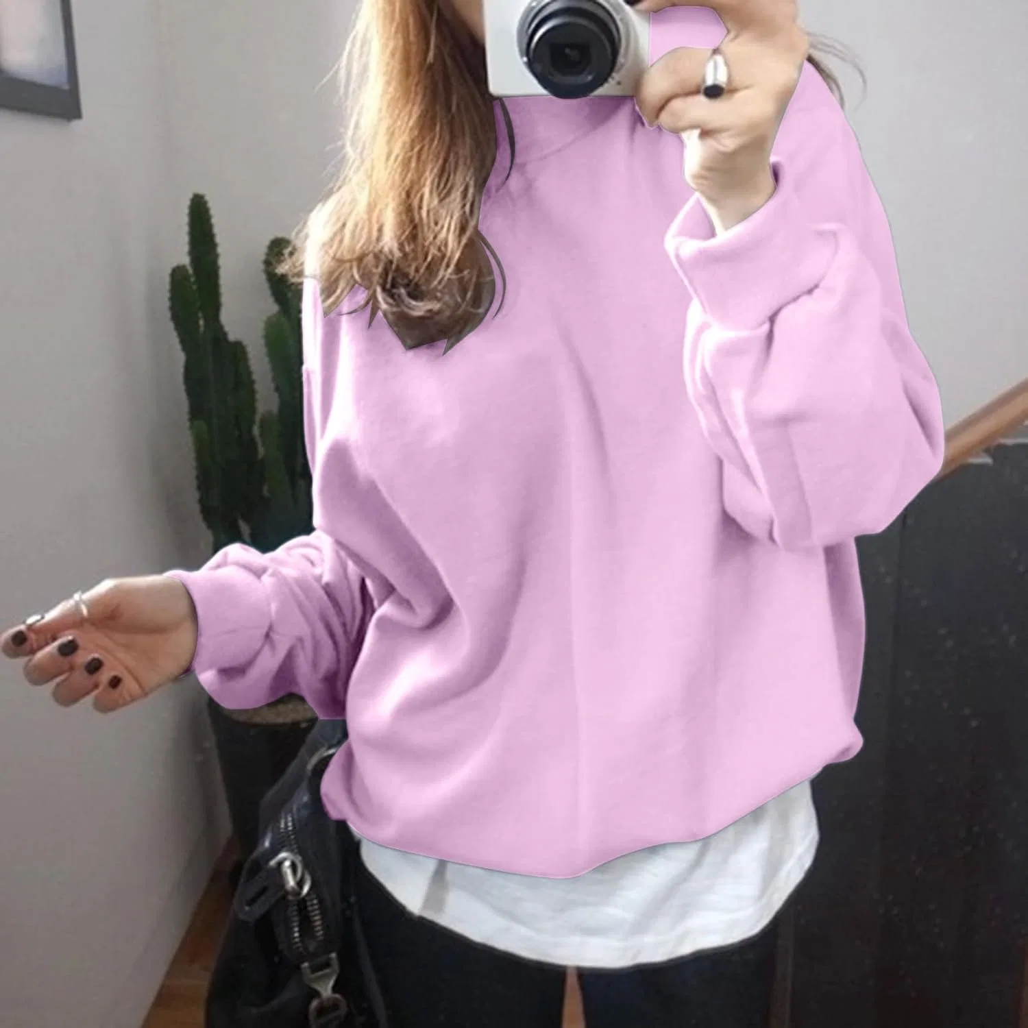Свитшот женский свободный, с круглым вырезом, однотонный, Purple — фото 2