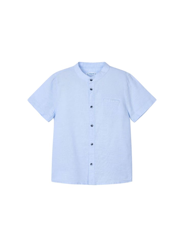 

рубашка с короткими рукавами и воротником-стойкой светло-голубого цвета Mayoral