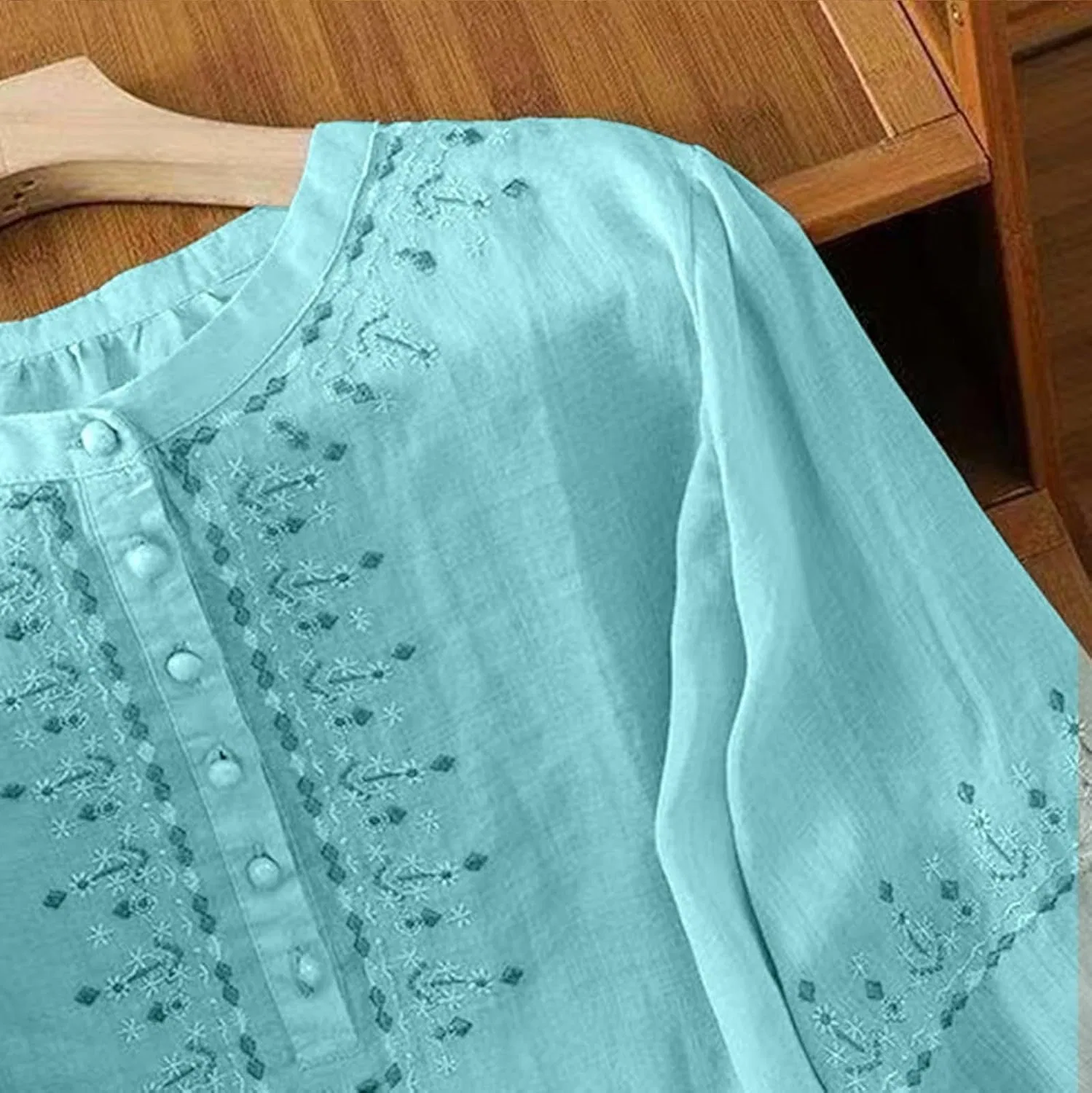 Женский костюм из льна с вышивкой, бренд Generic, Sky Blue-b — фото 3