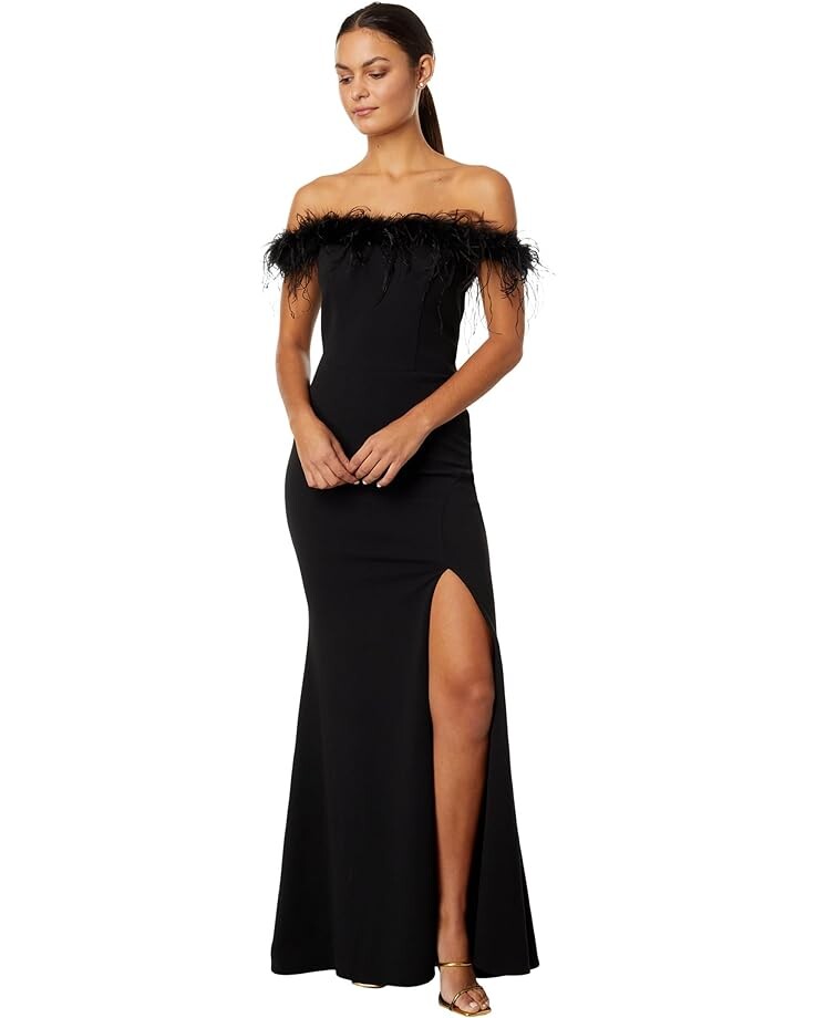 

Платье XSCAPE Off-the-Shoulder Long Scuba Crepe Feathers, черный
