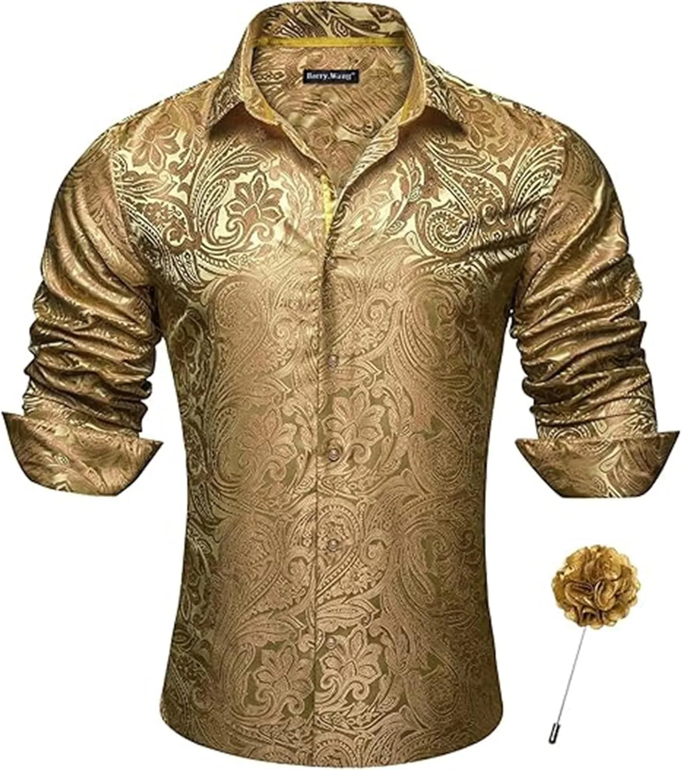 Generic Мужская шелковая рубашка на пуговицах, атласная, с принтом пейсли и цветами, с длинным рукавом, для свадьбы и вечеринки, цвет gold — фото 2