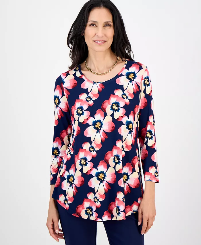 

Женский топ с принтом, круглым вырезом и рукавами 3/4 JM Collection, мультиколор