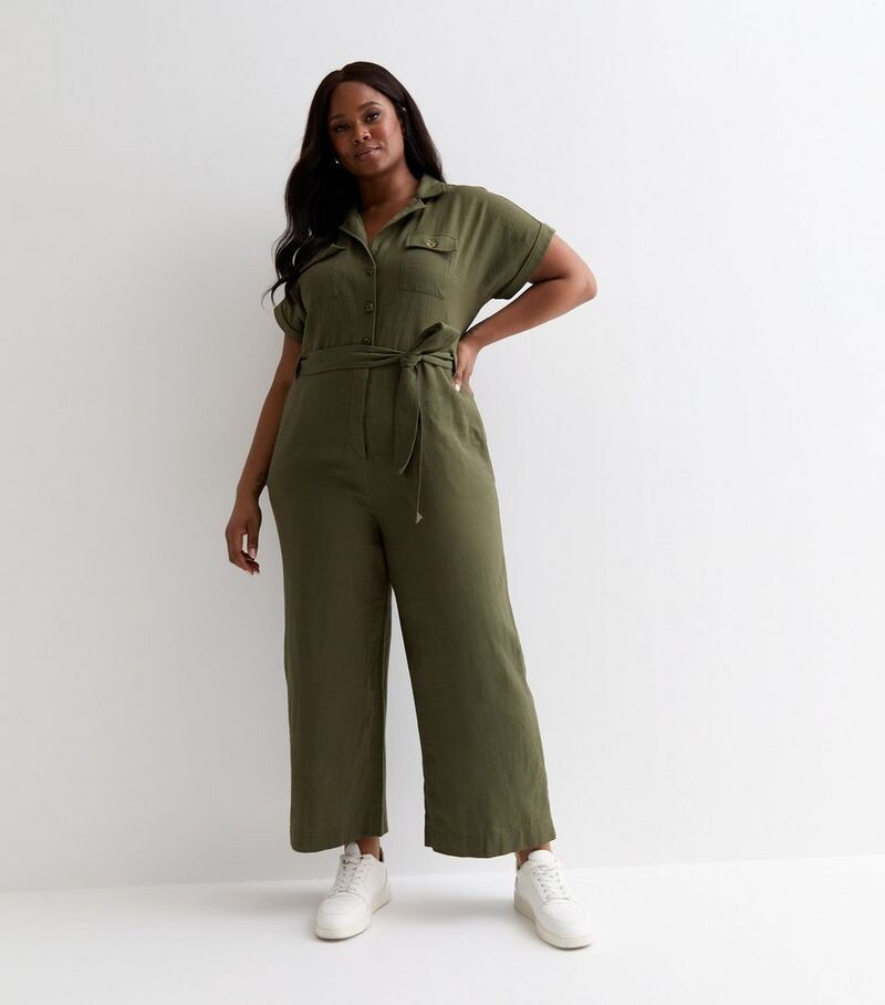 

Хлопковый комбинезон цвета хаки с поясом Curves New Look, хаки