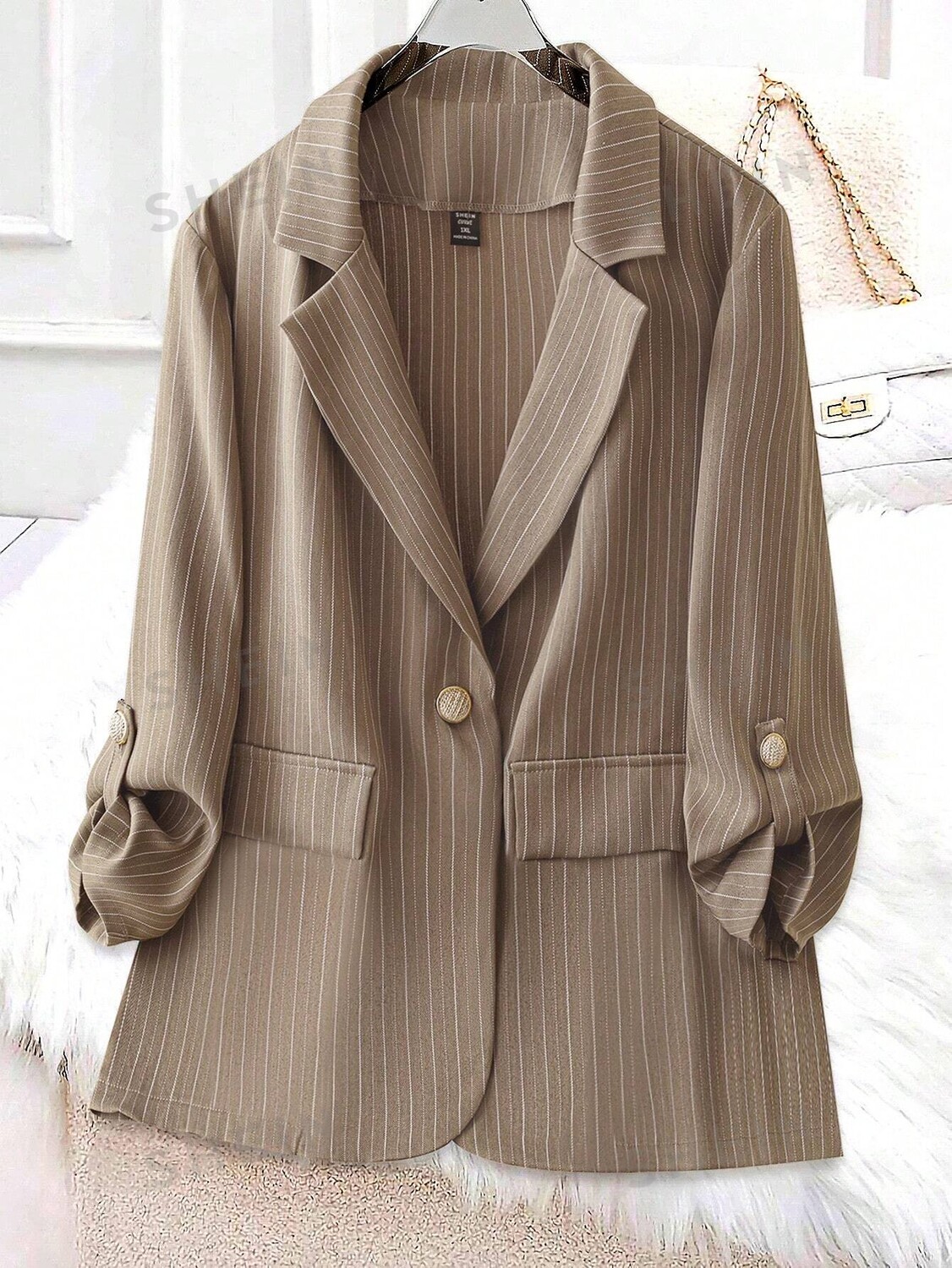 

Essnce Свободный костюм, закрывающий тело Специальный размер для женщин, с манжетами, в полоску, можно носить как весной, так и осенью Shein, кофейно-коричневый