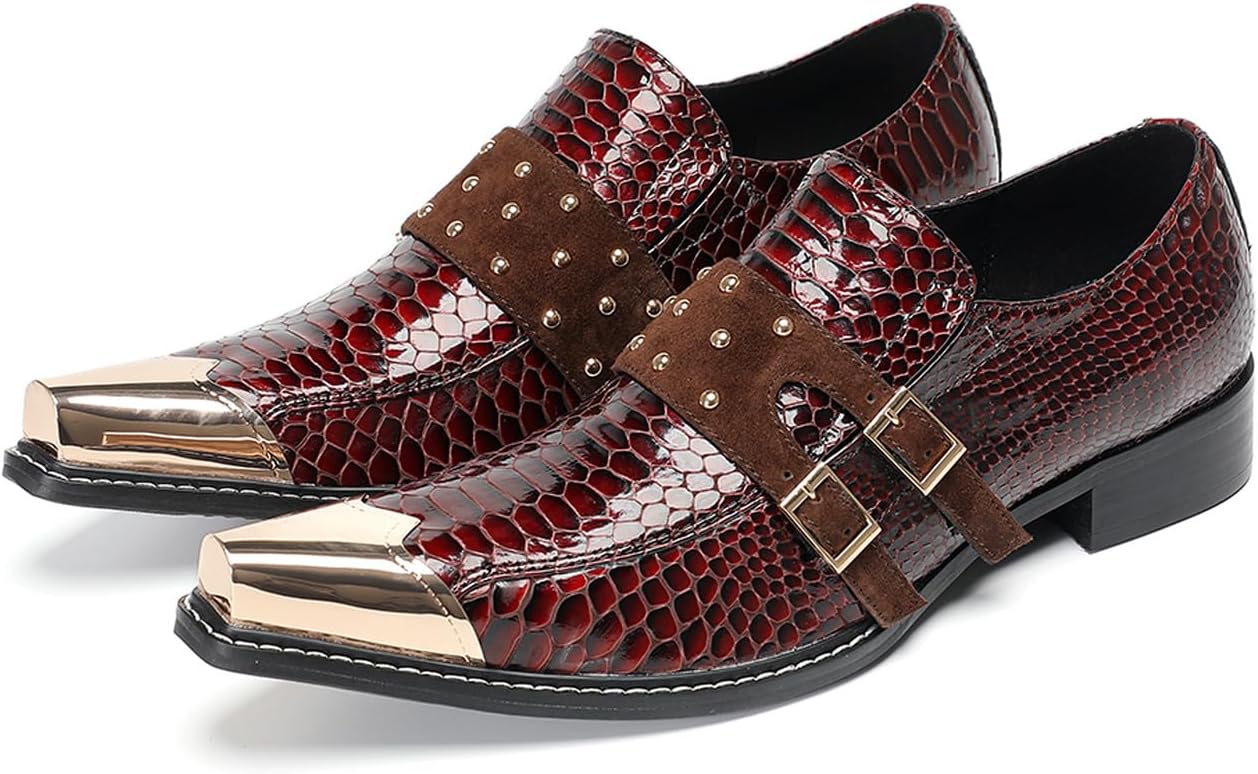 

Мужские слипоны Santimon из замши с заклепками - туфли на ремешке с металлическим носком, мокасины из лакированной кожи с принтом под змею для свадьбы, выпускного, вечеринки и сценических выступлений, красный