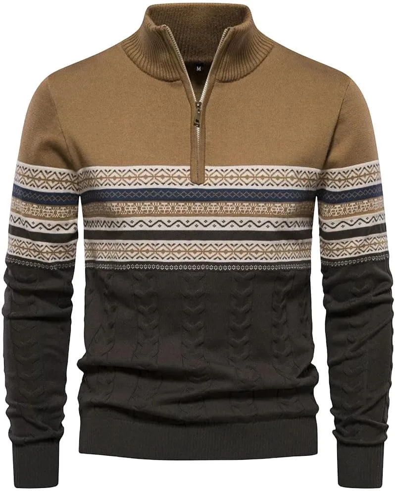 

Мужской вязаный свитер-пуловер с полузастежкой и этническим узором