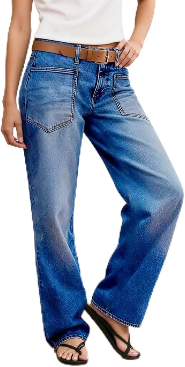 

Прямые джинсы для женщин Mid Rise Stretchy с накладными карманами