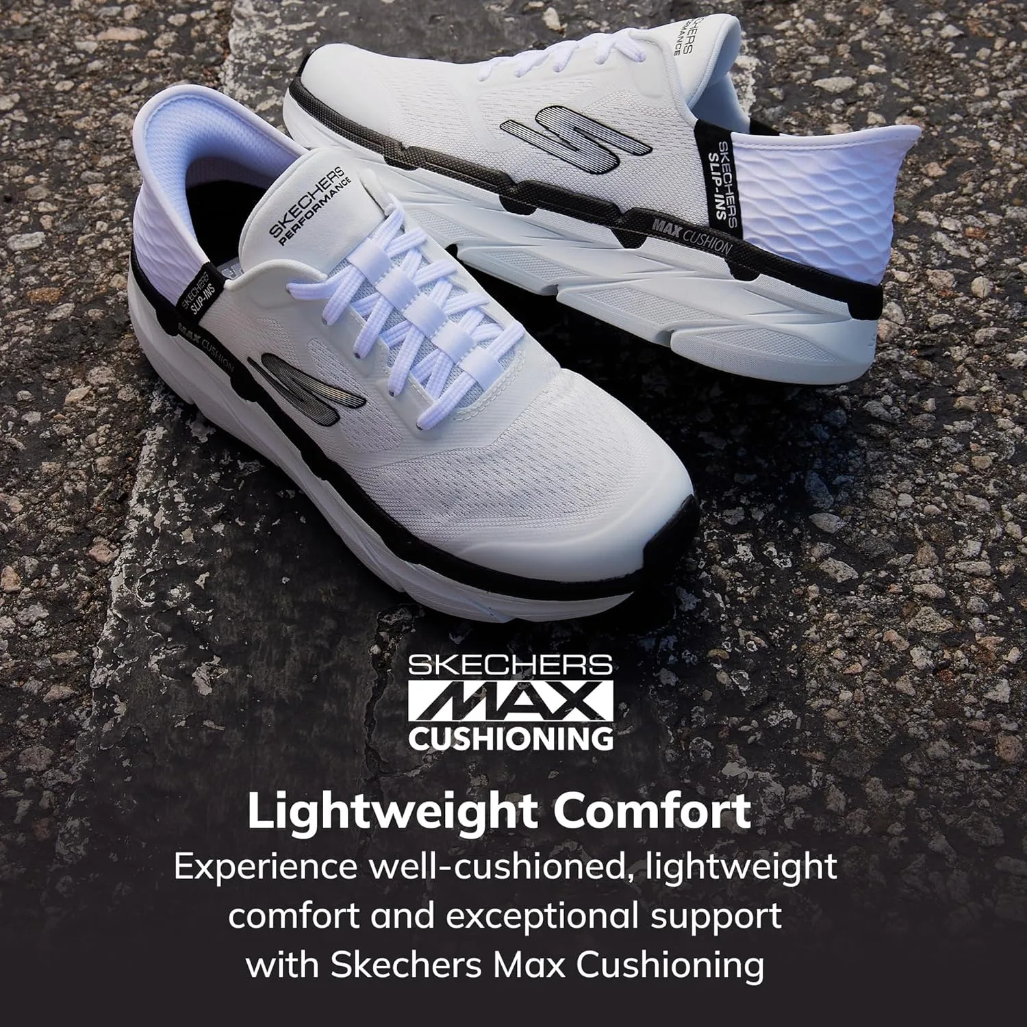 Мужские кроссовки Skechers Max Cushioning Slip-ins - спортивные кроссовки для тренировок, бега и ходьбы с эффектом памяти, белый/черный — фото 3