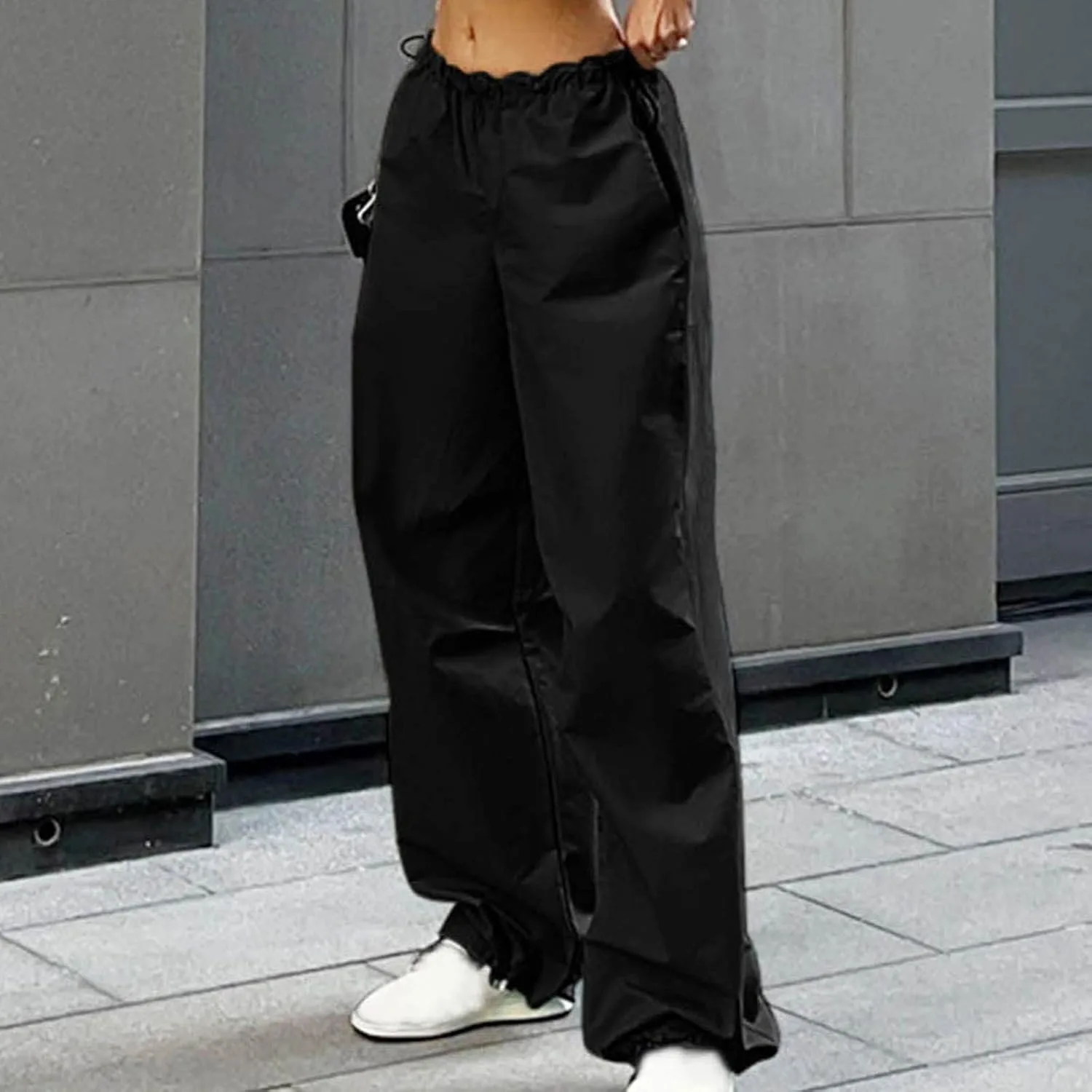 Parachute Pants для женщин мешковатые карго штаны на резинке высокая талия мода Y2k широкие брюки sweatpants карго штаны Generic, черный — фото 2