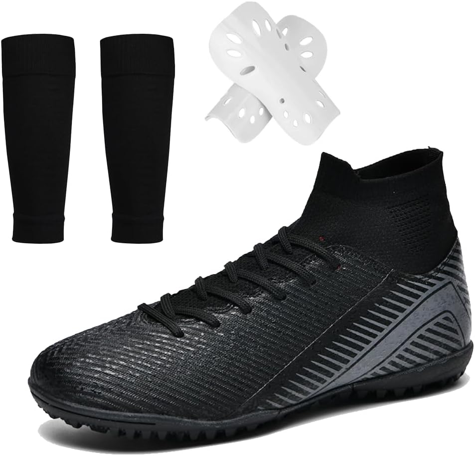 

Мужские и женские футбольные бутсы для взрослых, высокие футбольные кроссовки для тренировок, шиповки AG/TF для искусственного газона, бейсбольные кроссовки, размеры для молодежи и взрослых с набором носков с щитками Spedify, черный