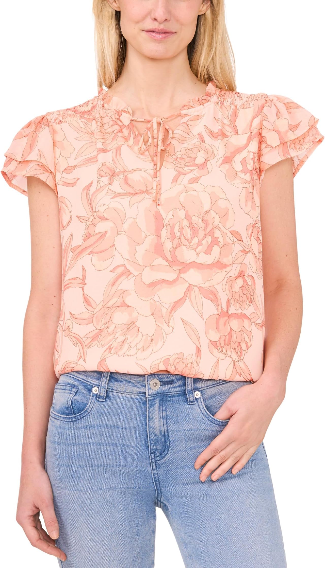 

Блуза CeCe Printed Tie Neck Smocked Shoulder Blouse, цвет Sweet Rose