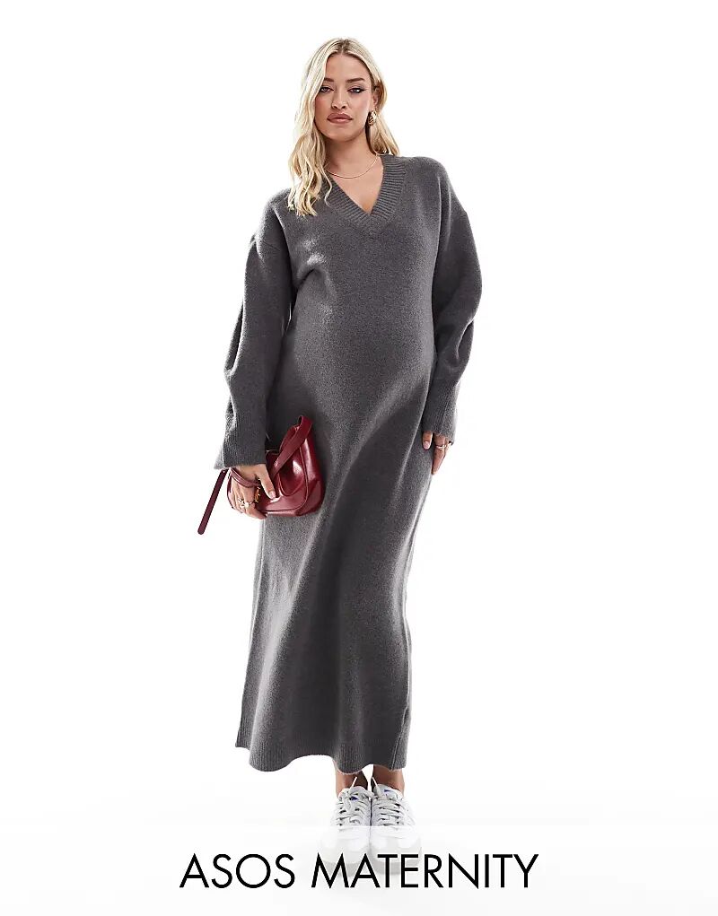 

ASOS DESIGN Платье для беременных мидакси с V-образным вырезом в цвете древесного угля