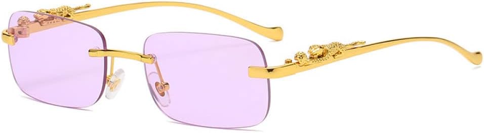 

Солнцезащитные очки без оправы, прямоугольные, винтажные, металлические, с изображением головы леопарда, модные, без оправы, тонированные, для женщин и мужчин. 2027 год MTZJH, Gold Purple