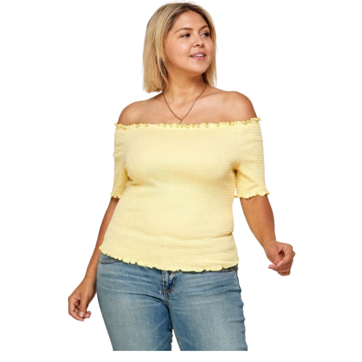 

Плюс Размер Однотонный Топ С Открытыми Плечами Присборенный FASHNZFAB, цвет mellow yellow