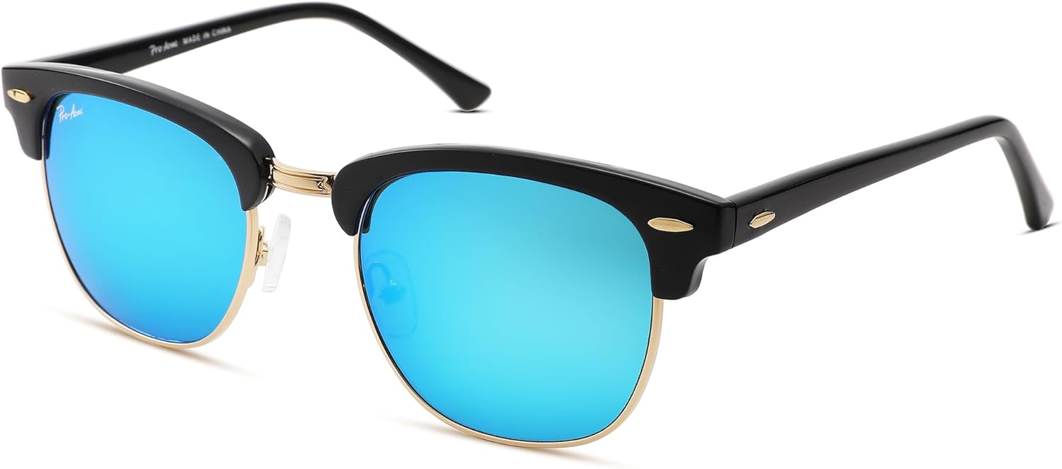 

Солнцезащитные очки Pro Acme UV400 полуободковые квадратной формы для мужчин и женщин - 100% настоящие стеклянные линзы, антибликовое покрытие для вождения, A02 Black Gold Frame/Blue Mirrored Lens