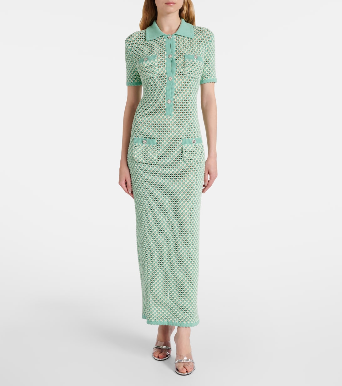 Платье макси из хлопковой смеси, связанное крючком Versace, Eggshell+Sea Green — фото 2